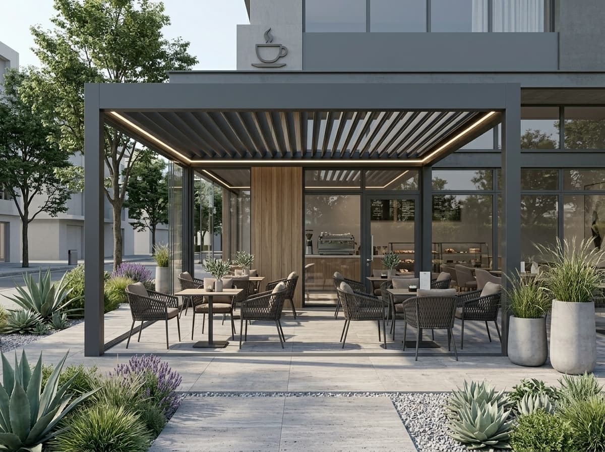 Geniş teras üzerinde rollingroof (kayar membran çatılı) pergola